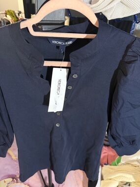 Veronica Beard Navy Short-Sleeve Button Henley